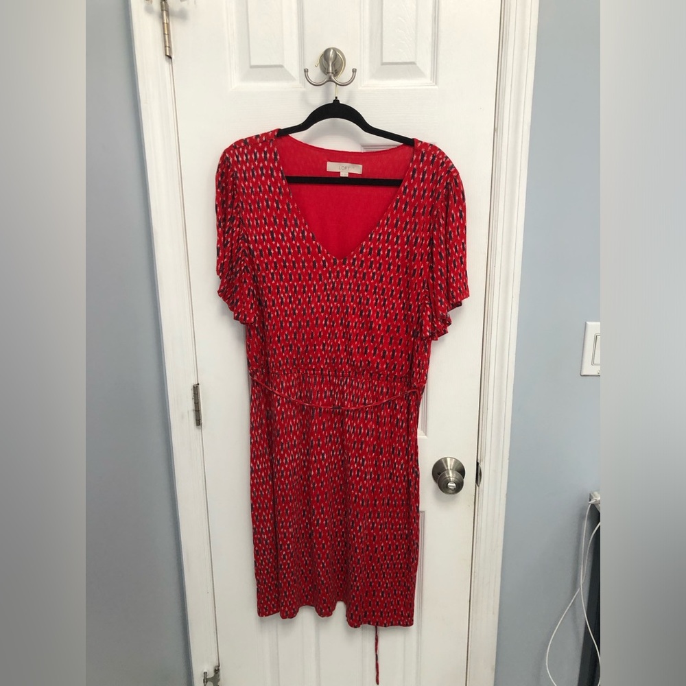Loft Dress XL Red Ikat Print V-neck Tie Waist Flutter Sleeve Flare Dress